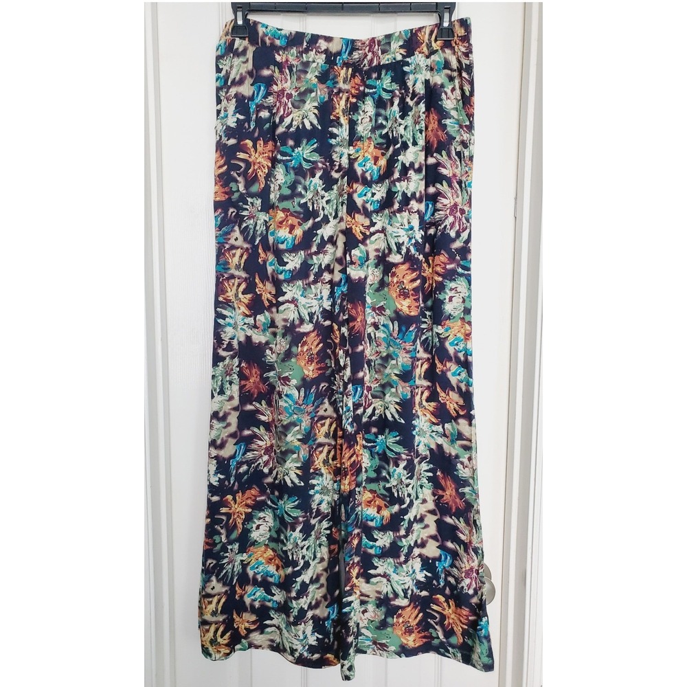 Linen Blend Wide Leg Pants Multicolor Floral Print Boho Summer Vacation Trousers